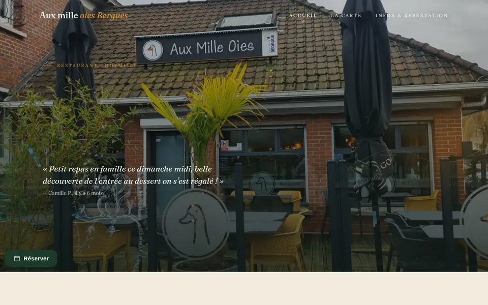 Site du restaurant Aux mille oies Bergues : façade en briques et terrasse à Hoymille